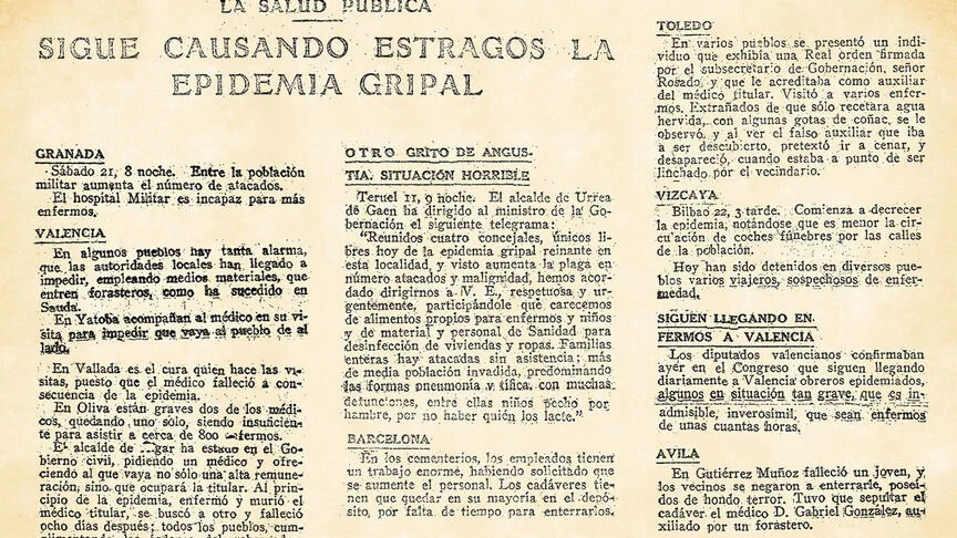 A newspaper clipping from the newspaper ABC. The headline reads “PUBLIC HEALTH: THE FLU EPIDEMIC KEEPS WREAKING HAVOC.” Under the Barcelona section: “Cemetery workers face a herculean task and have requested more employees. Most bodies have to stay …