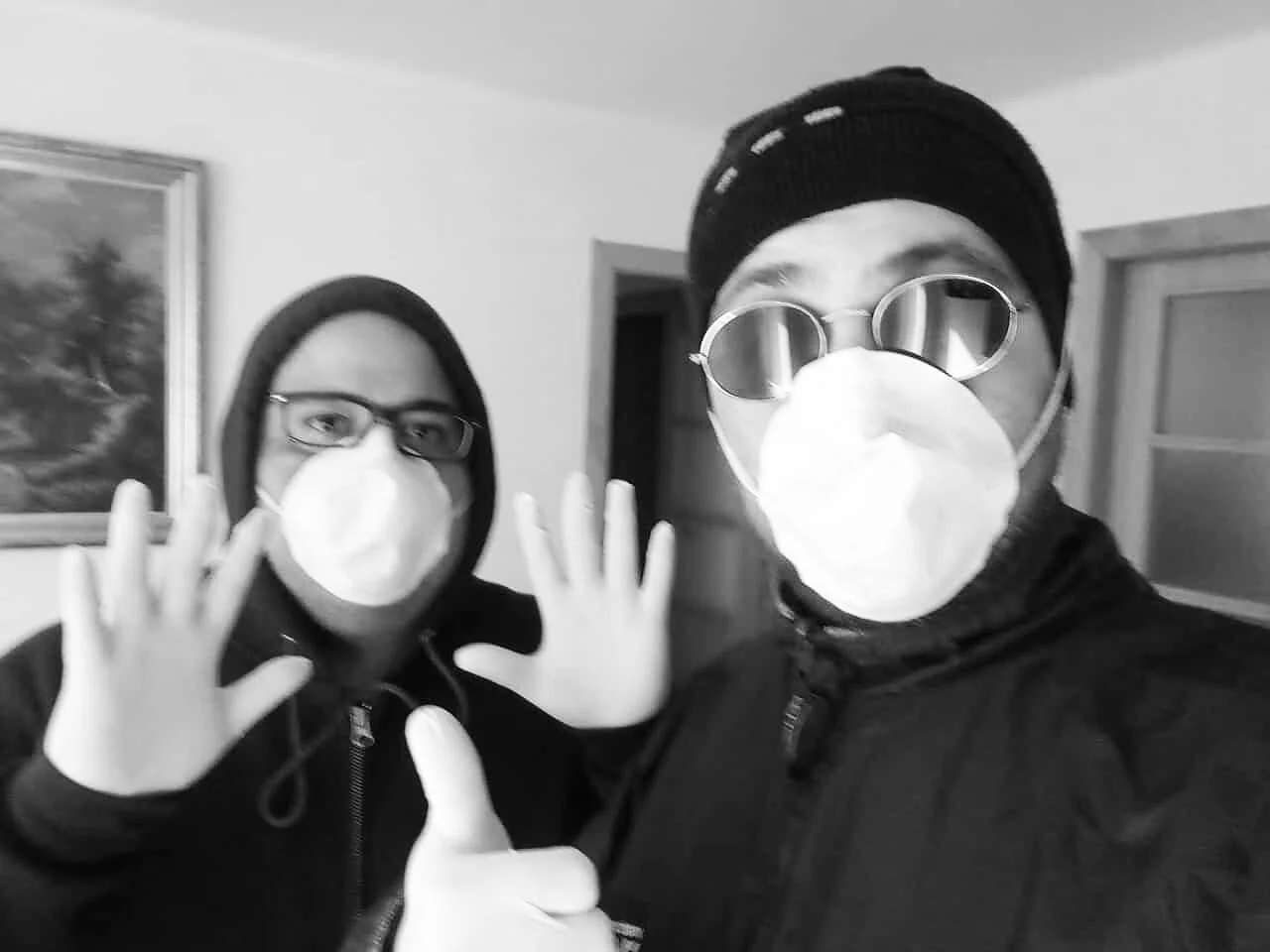 Suited up to go grocery shopping on the first full day of the lockdown.