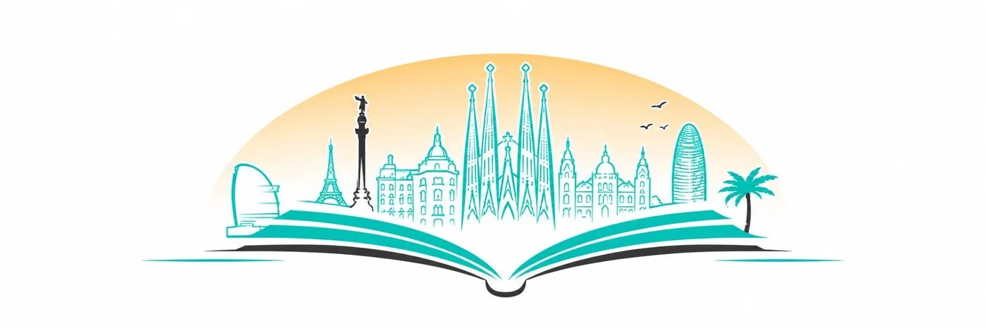 Open book with Barcelona-inspired skyline for Carlos Translates, a Spanish, Catalan and French to English translation, editing and localization service