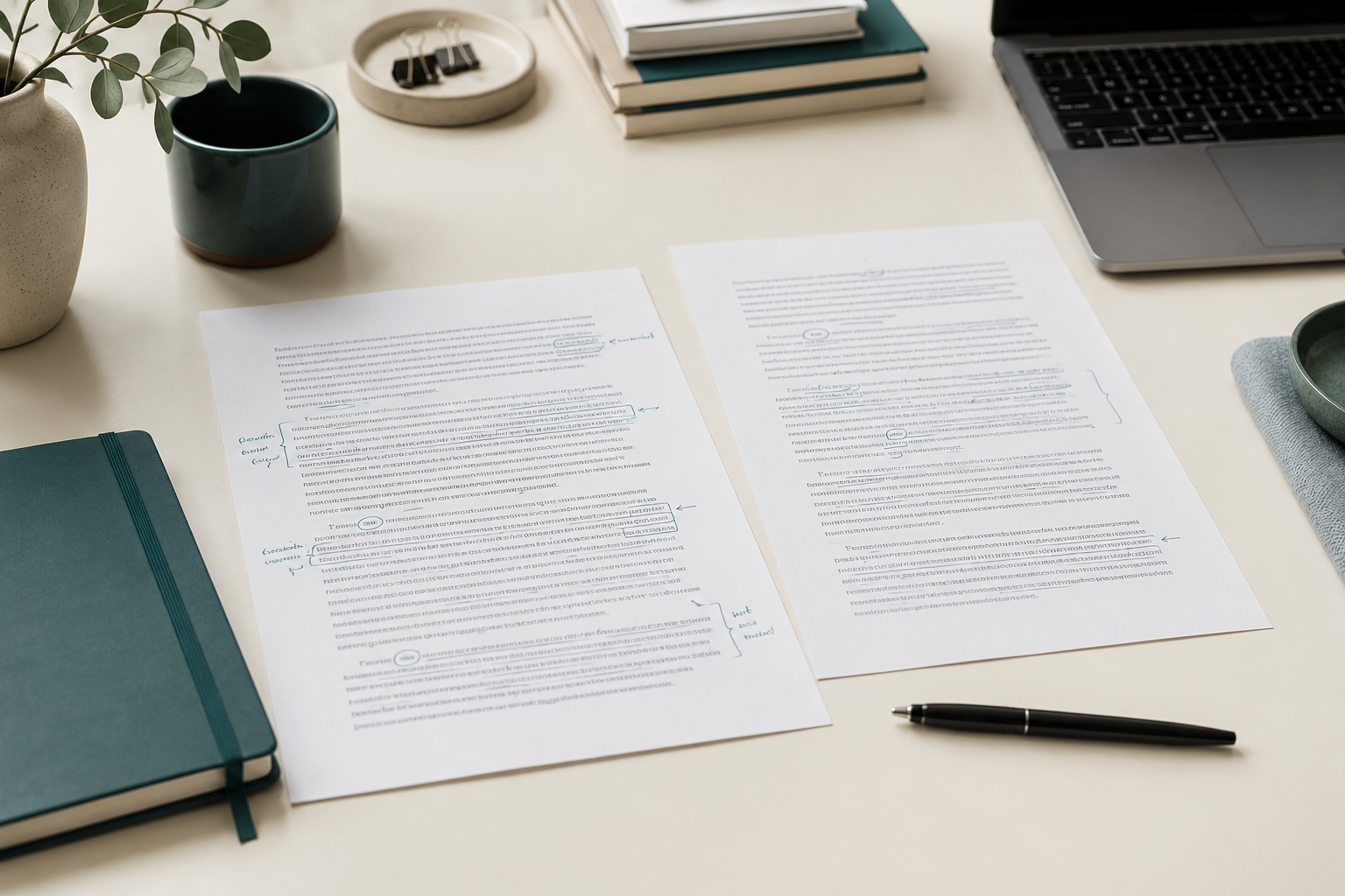 Proofreading and bilingual revision documents with editorial notes on a desk.