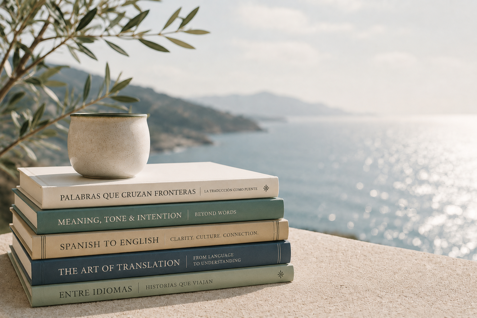 Books on translation and meaning overlooking a coastal landscape.