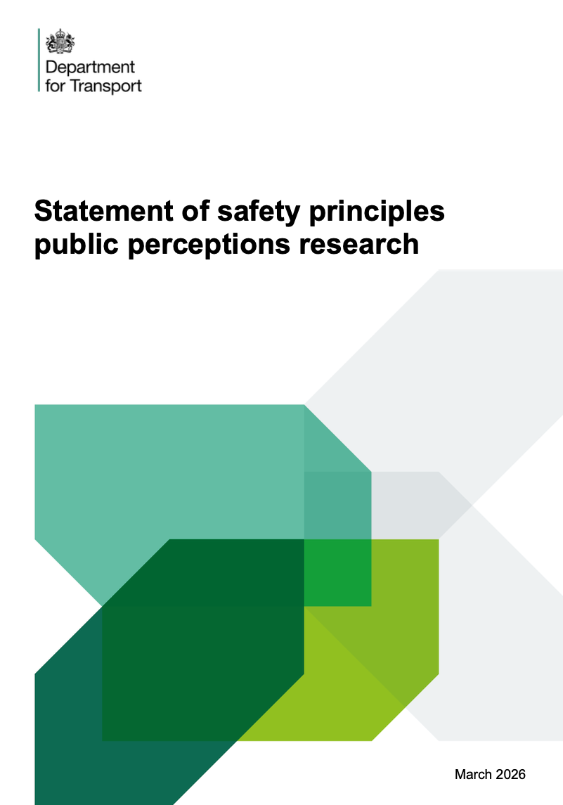 Cover of DfT report, green geometric graphic, title reads 'statement of safety principles public perceptions research'