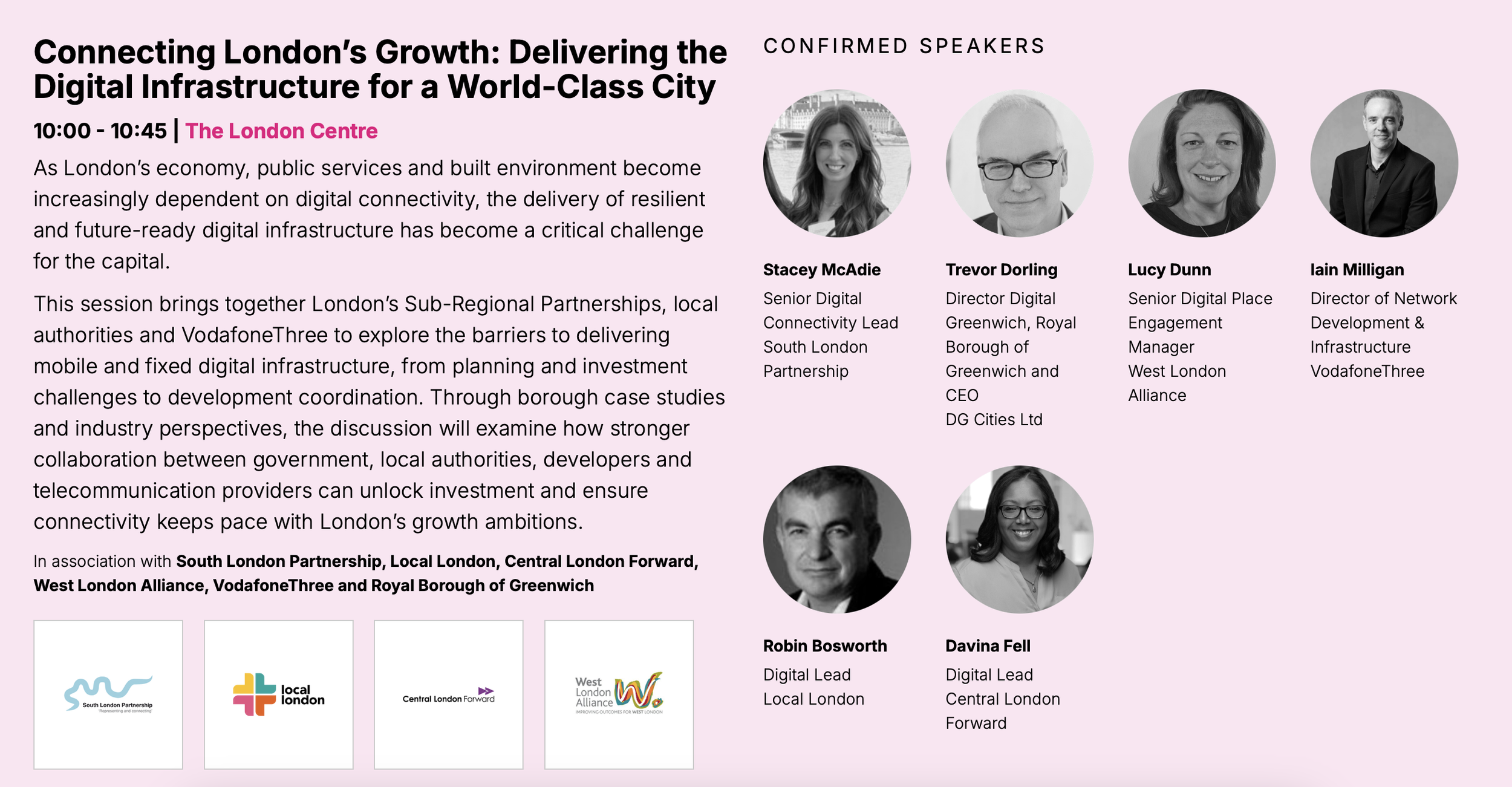 Screenshot of London real estate forum panel members for session on delivering digital infrastructure