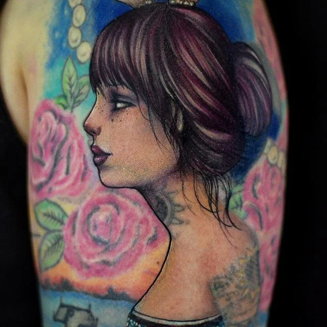 Close up of a rework I just started on a fellow lady tattooer, @nancyrose.art 🖤 Swipe right to see the before and the process of free-handing the new design. We are going to give this half sleeve a full face lift but first we had to get the focal po