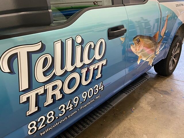 1 down 2 more to go. Tellico Trout new vehicle graphics. #franklinnc #digitalprinting #signsexpress #shoplocal  #carwraps