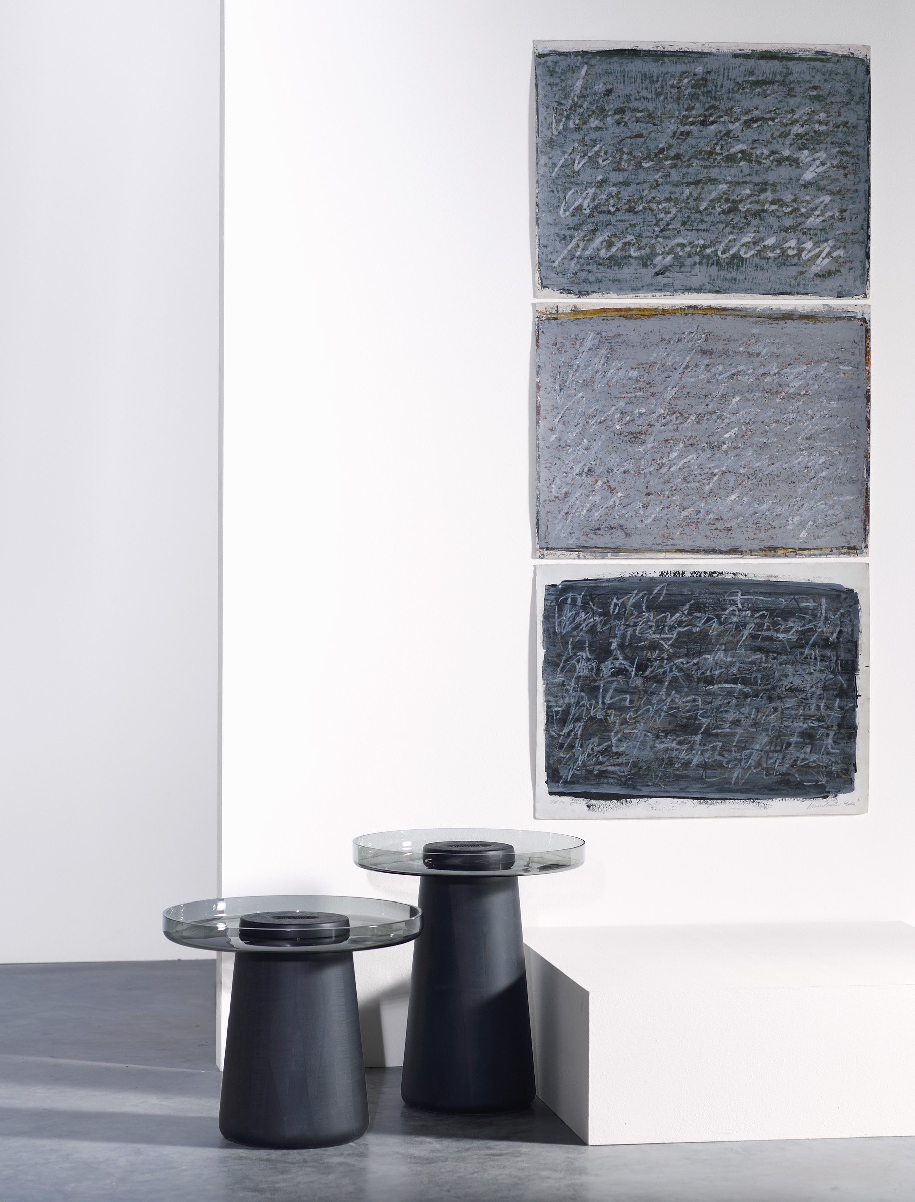 Koba coffee and side table by Jean-Marie Massaud for Zanat, hand-carved wood base with mouth-blown Poschinger glass top