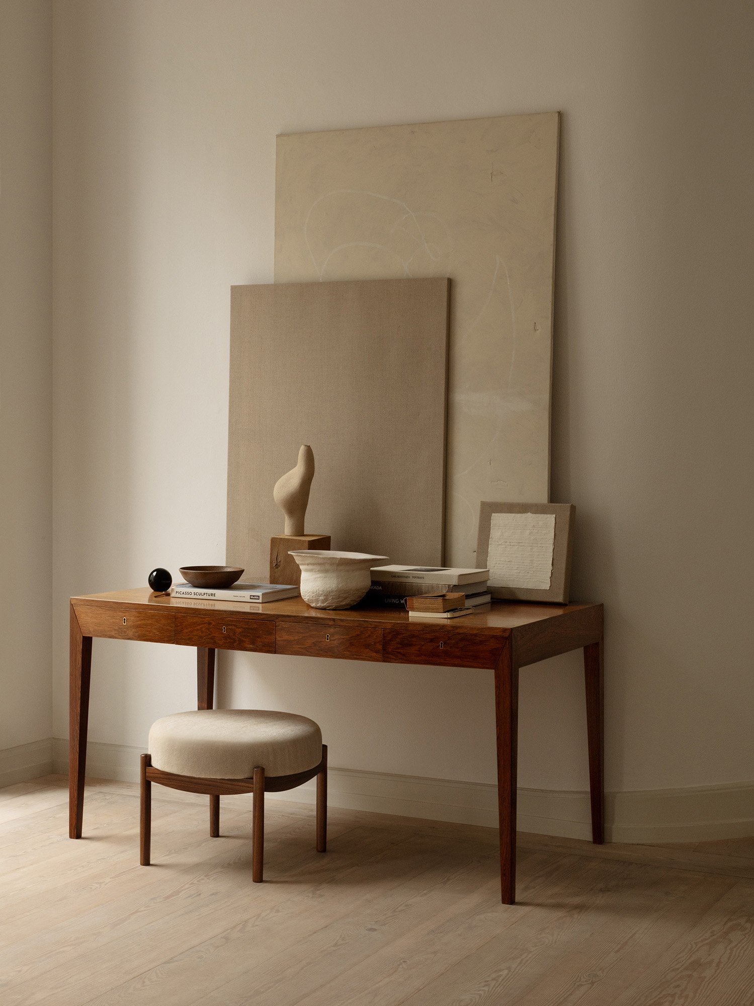 Severin Hansen's Model 36 desk by Dagmar in solid oak with signature three-way mitred joints and tapered legs, an iconic 1958 Danish Modern design