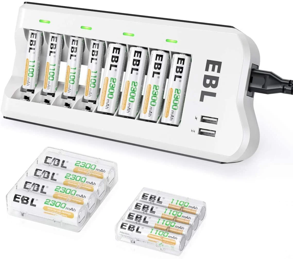 EBL AA 2300mAh (8 Pack) and AAA 1100mAh (8 Pack) Ni-MH Rechargeable Batteries and 808U AA AAA Rechargeable Battery Charger with 2 USB Charging Ports