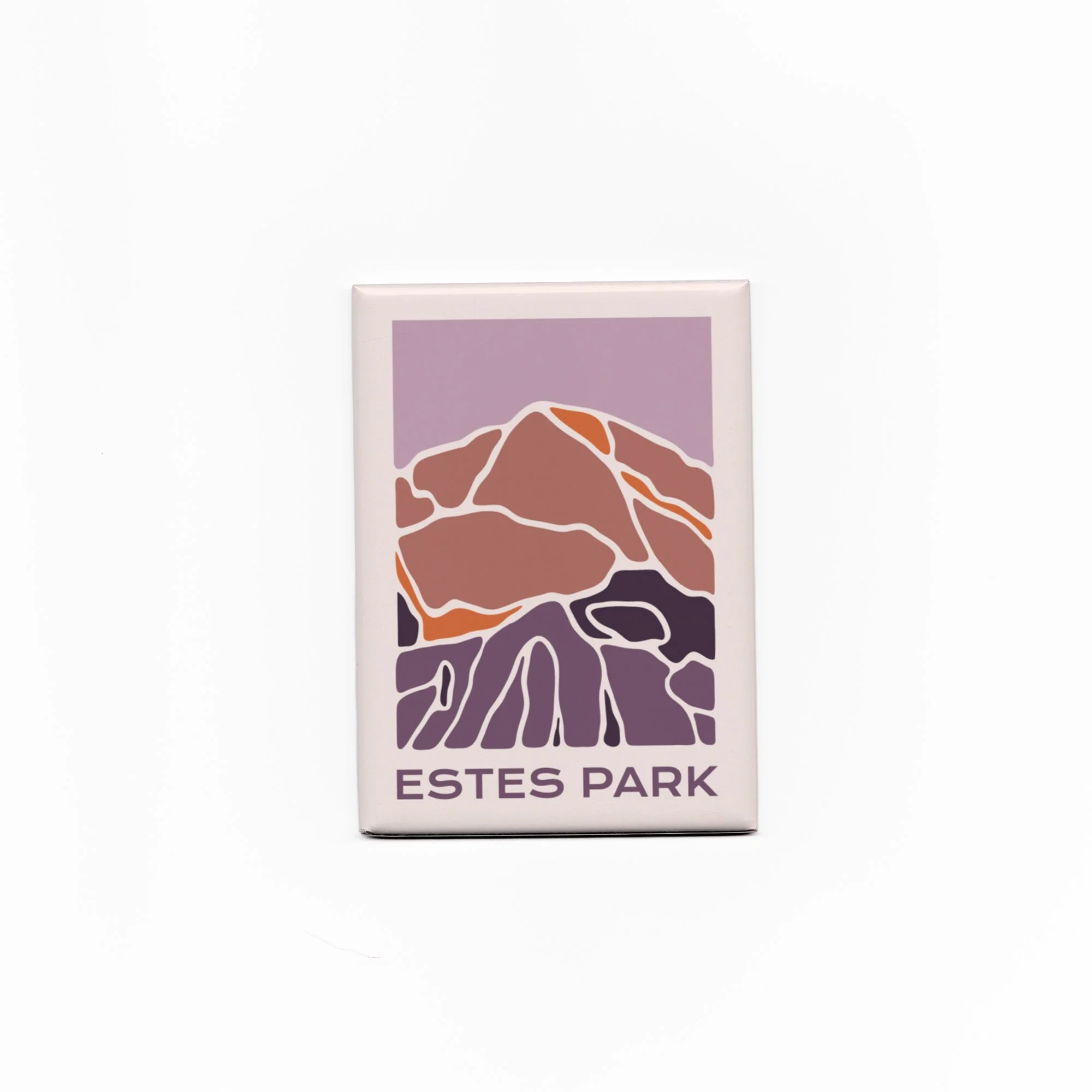 Modern Estes Park landscape magnet featuring an abstract mountain design in purple, mauve, and orange on a white background.