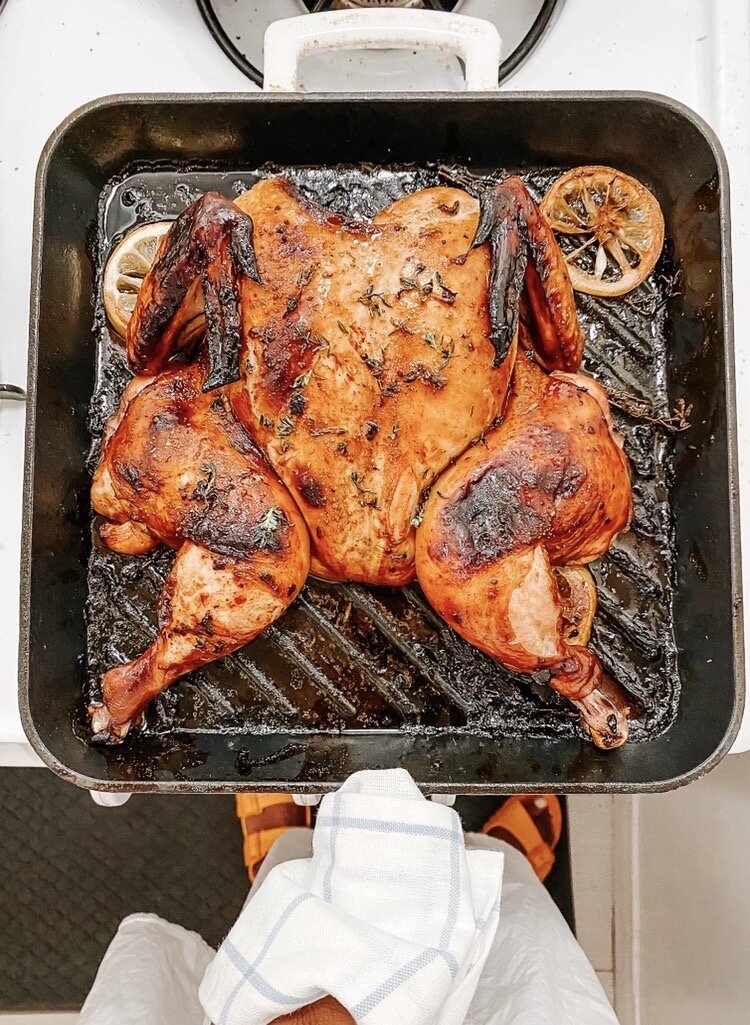 Quick &amp; Easy Sunday Dinner : BBQ Marinated Spatchcocked Chicken with Sautéed Green Beans Recipe