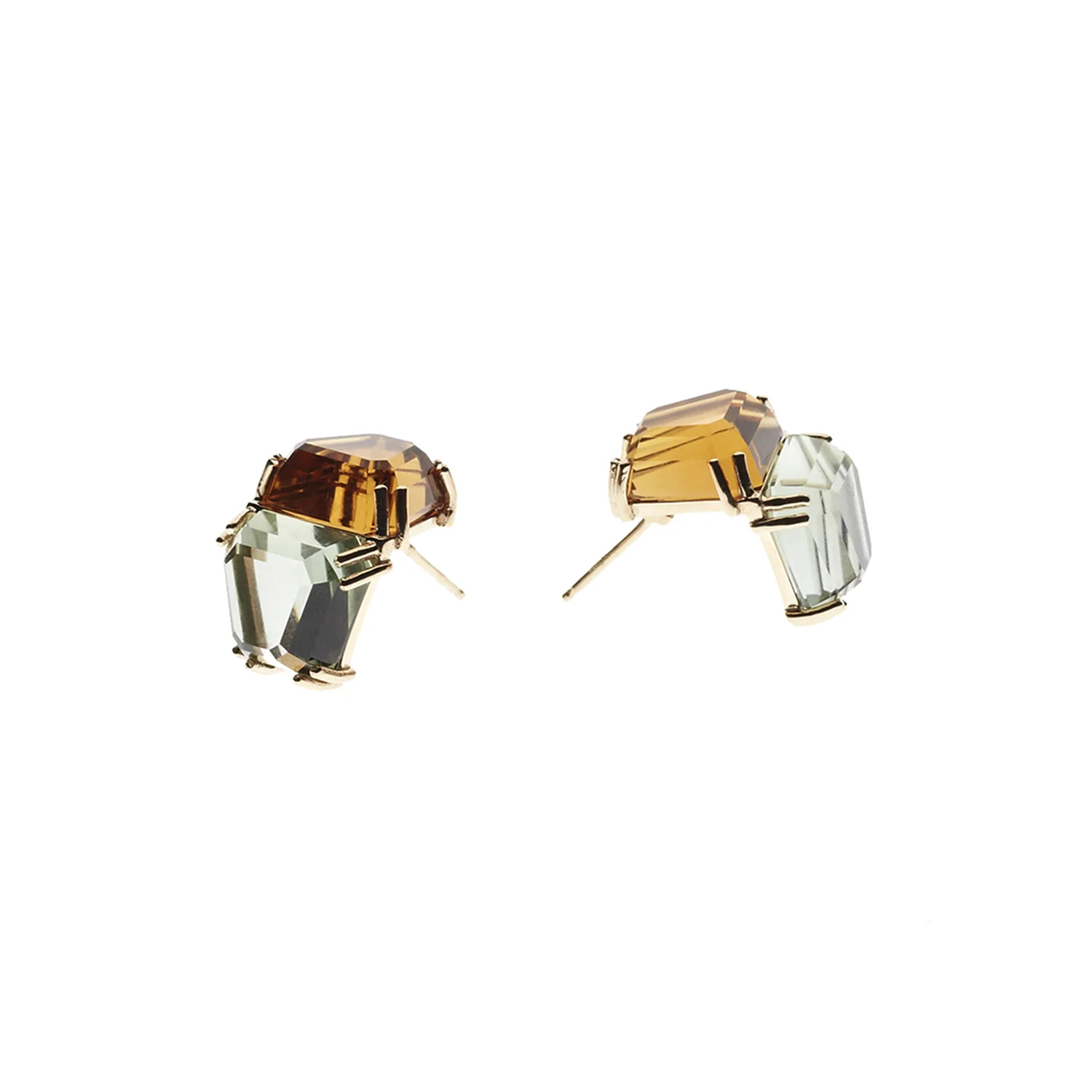 Angled Citrine and Prasiolite gemstone gold earrings