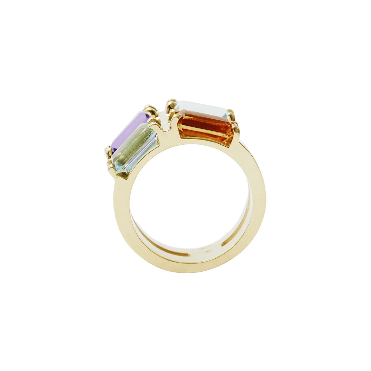 Wide gold ring with aquamarine, amethyst and citrine gemstones