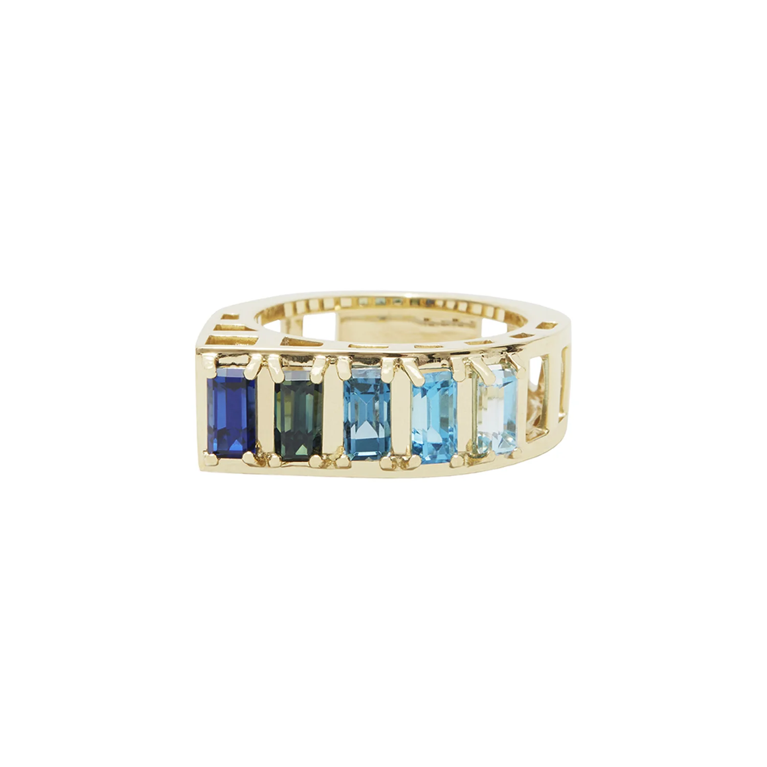 Gold cage ring with blue gradient gemstones