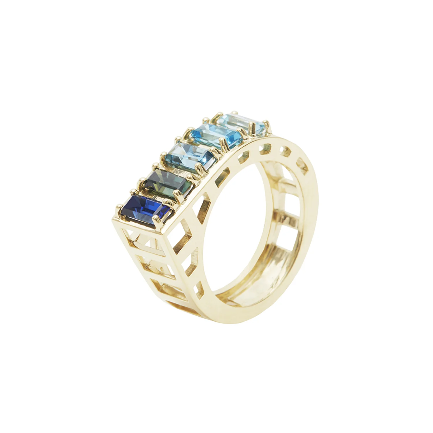 Gold cage ring with blue gradient gemstones