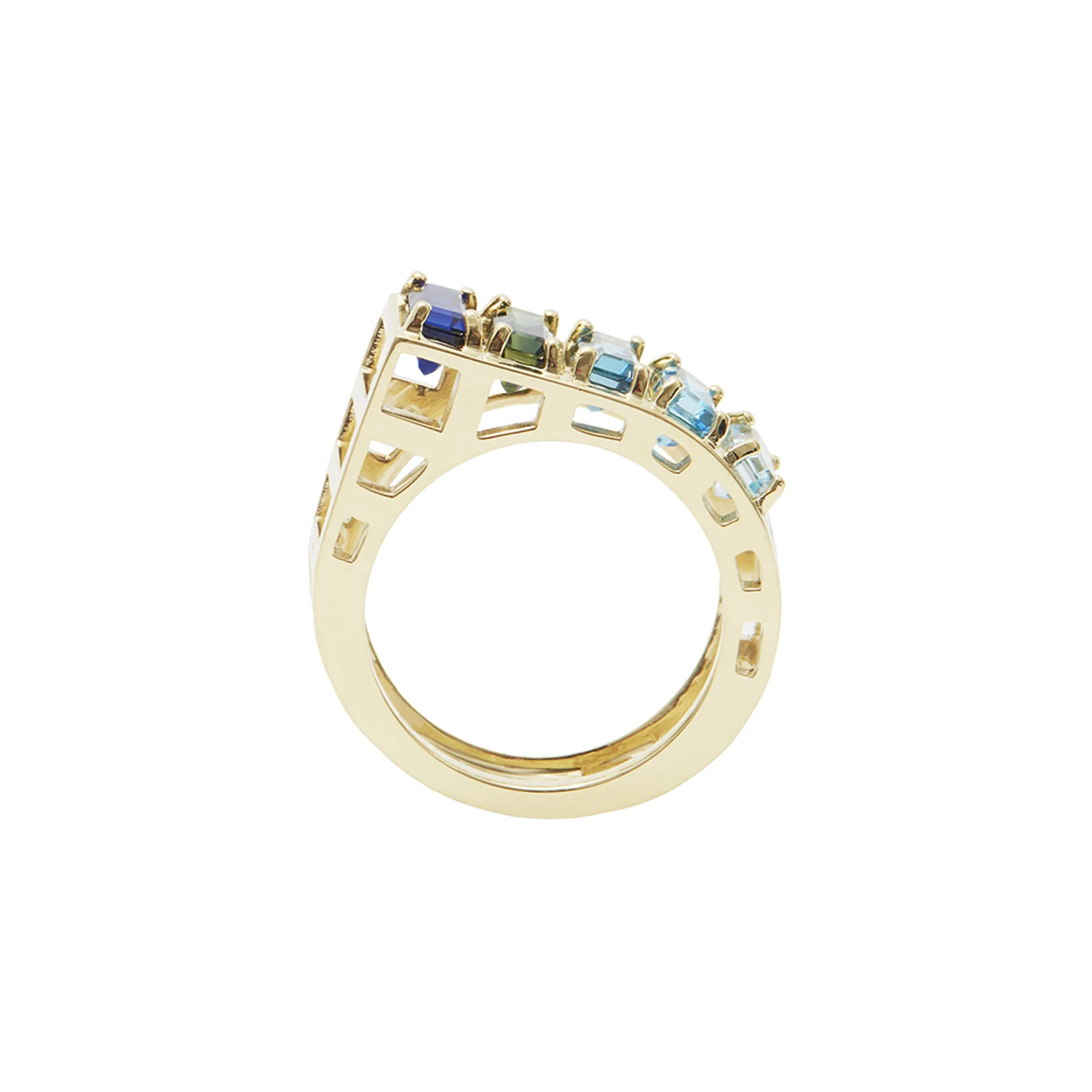 Gold cage ring with blue gradient gemstones