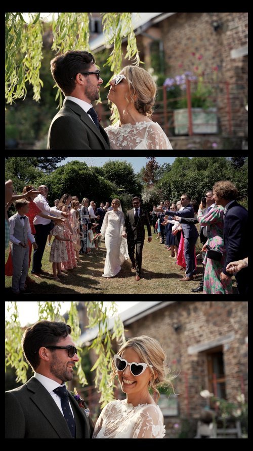 Three images of a fun festival style wedding in an outdoor location on sunny day