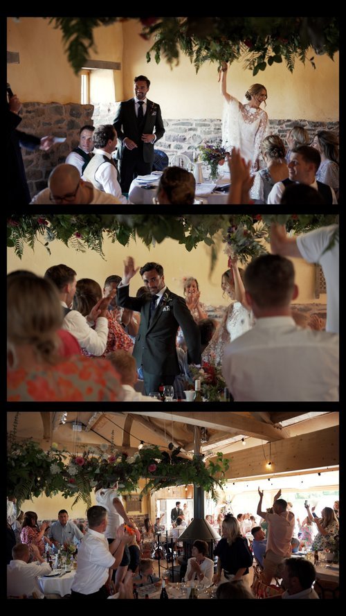 Three photos of festivities at a festival wedding uk