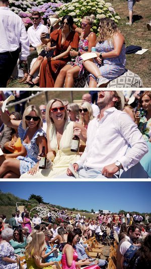 Guests having fun on a sunny day at an outdoor festival wedding