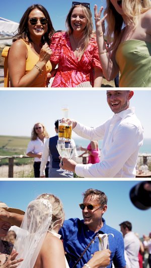 Three photos of guests having fun at a festival-style wedding on a sunny day in Devon