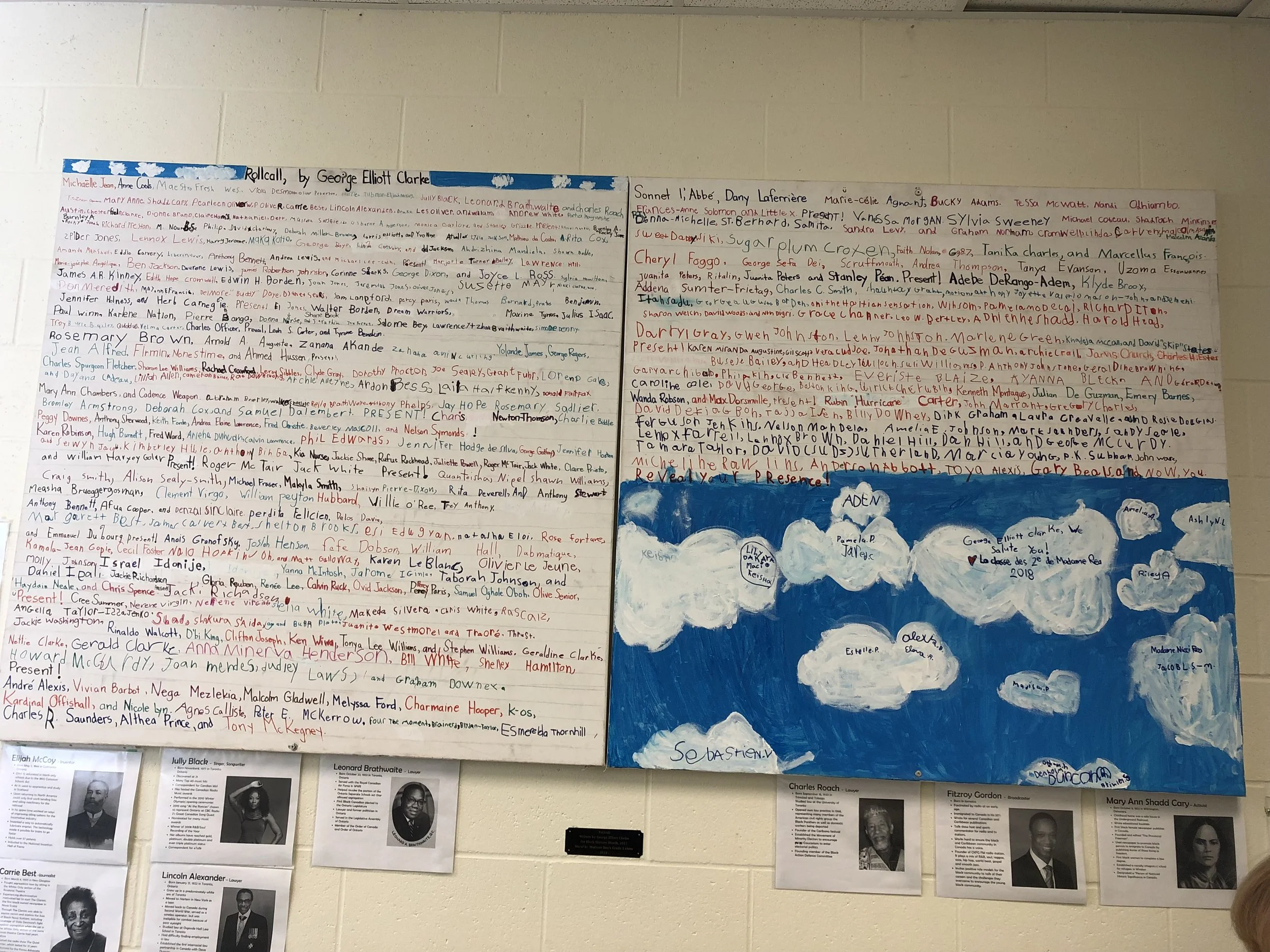 Poem, "Rollcall," as reproduced by Grades 1 & 2 pupils at Polson Park School, Kingston, Ontario, 2018.