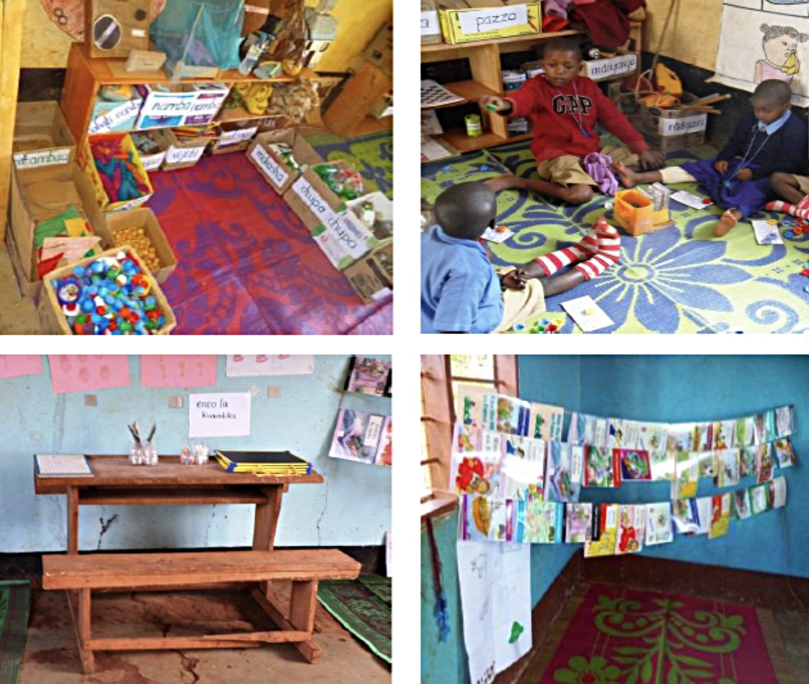 Classroom learning materials, including bookshelves, mats, collections of local materials, board games, and story books