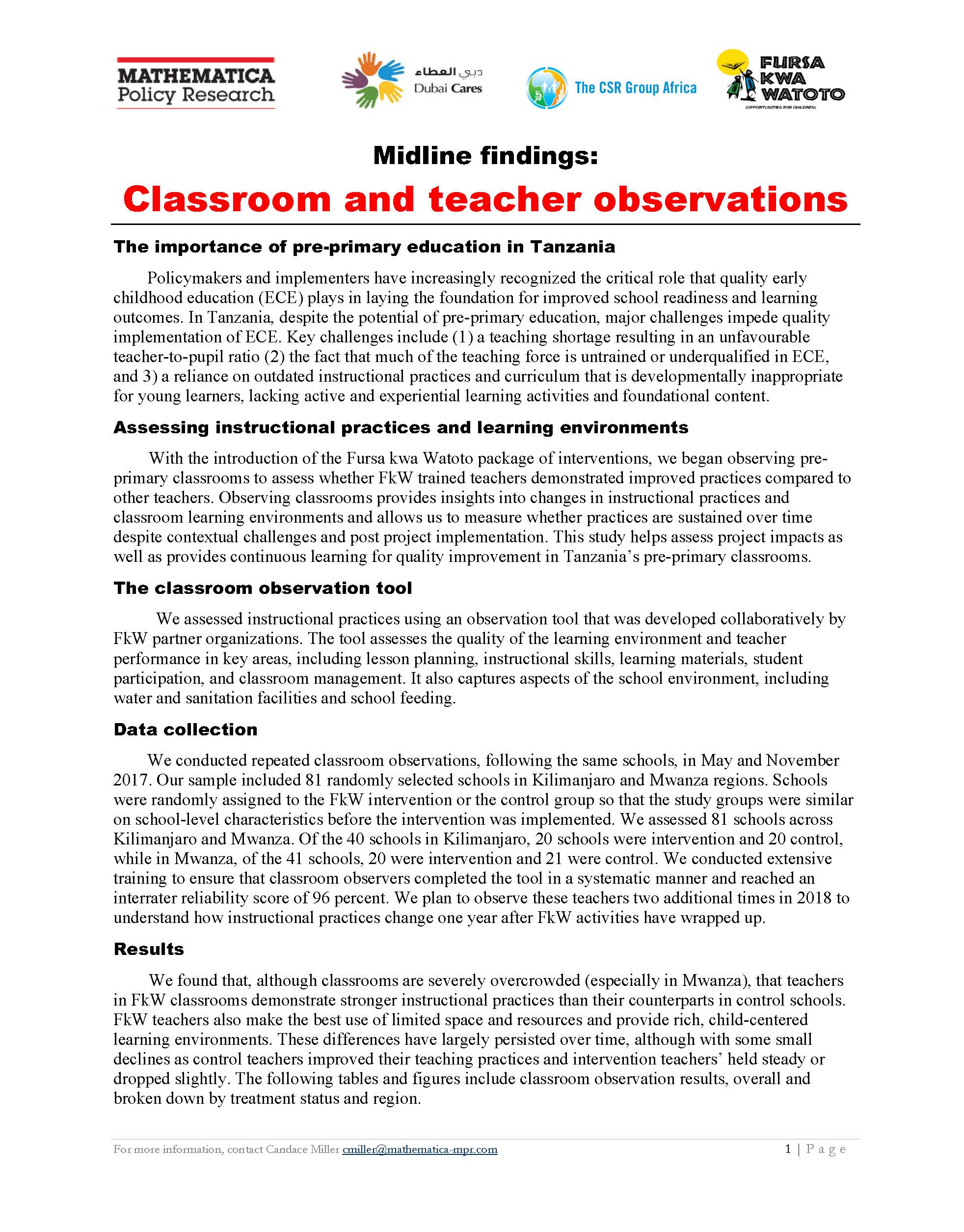 Classroom Observation Results Tables: Learning Agenda