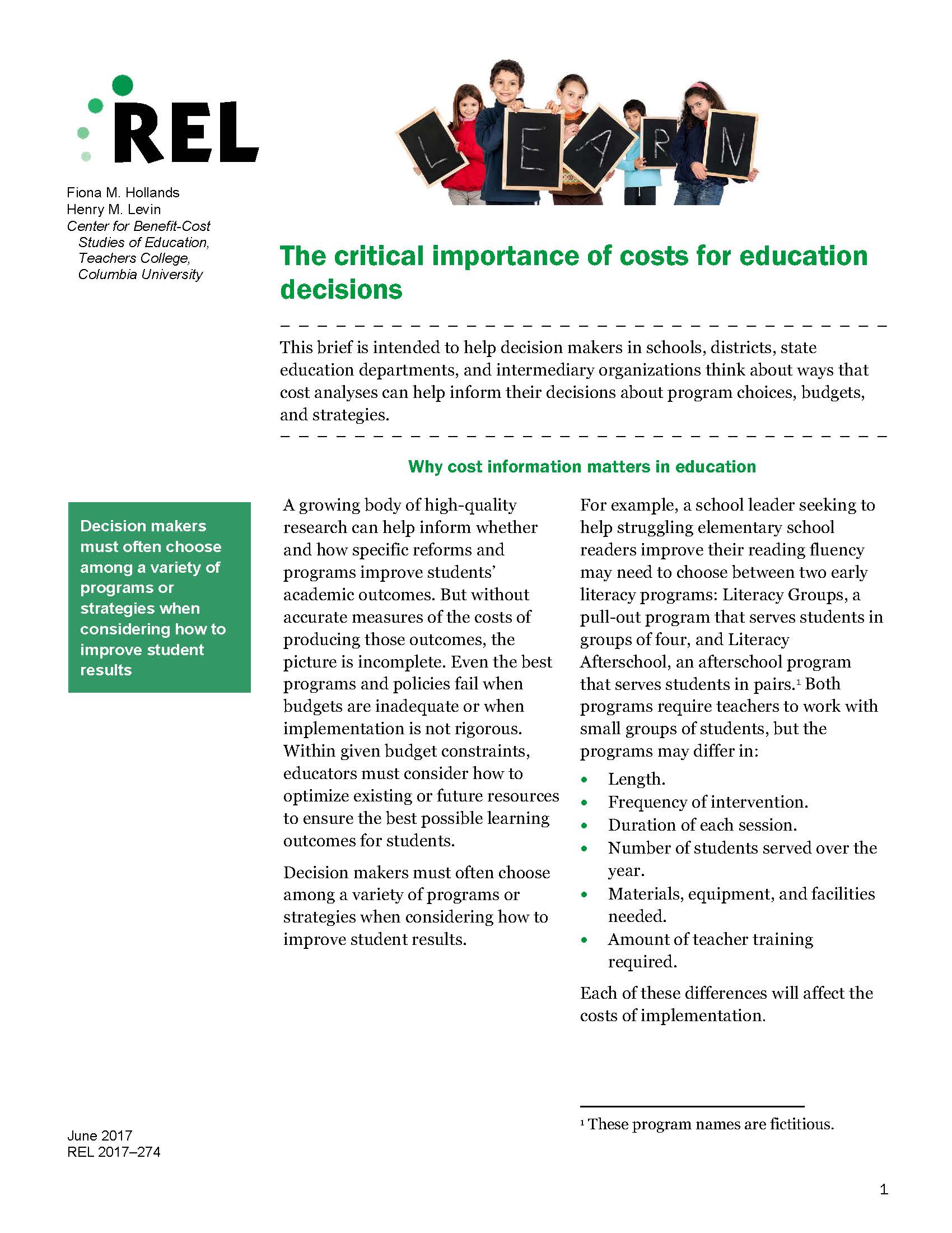 REL: The Critical Importance of Costs for Education Decisions