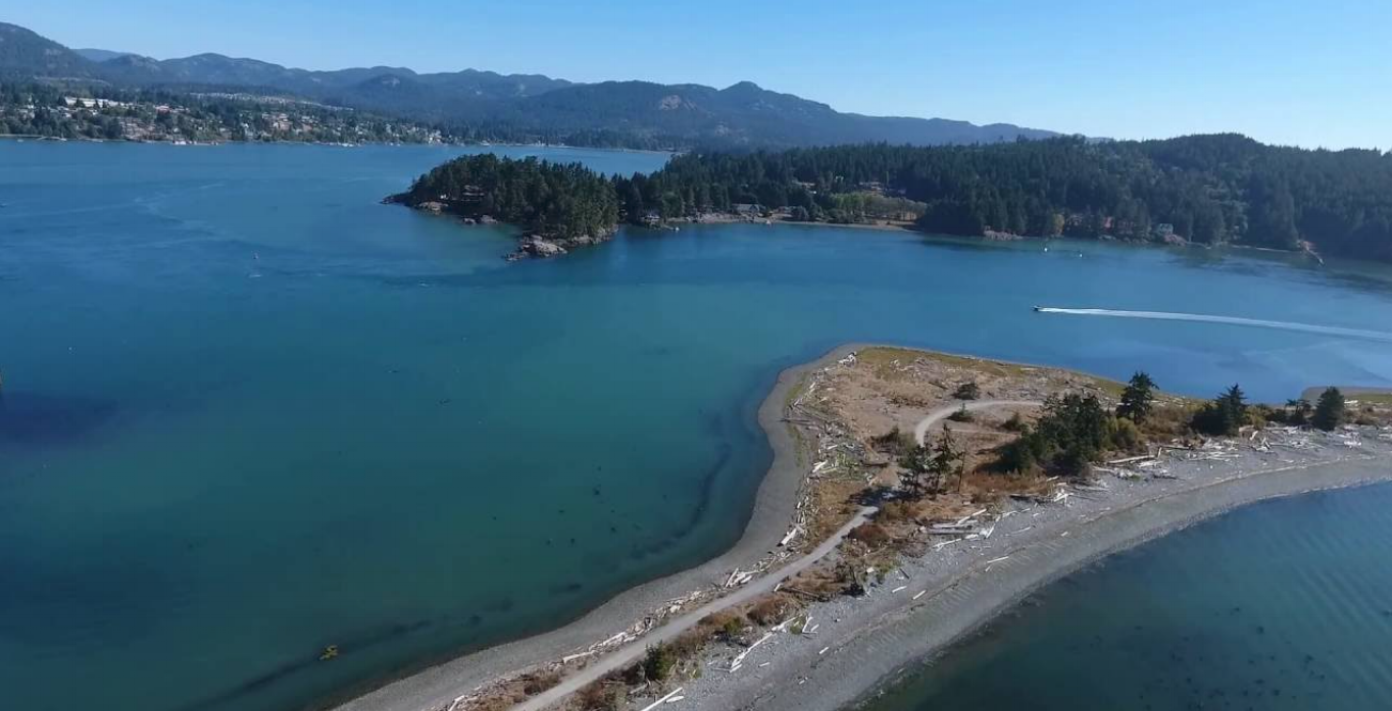 A birds eye view of Whiffin Spit and the Sooke Harbour