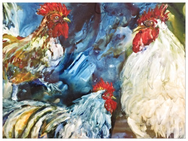 “Barnyard Stomp”, a watercolor on yupo prepared by Brenda Lawson, was also an award winner.