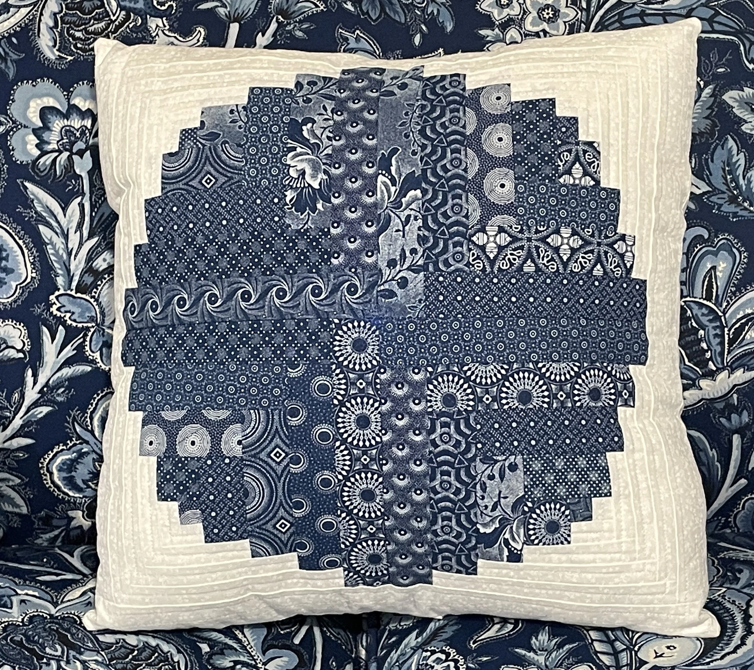 Indigo Circle Log Cabin Pillow