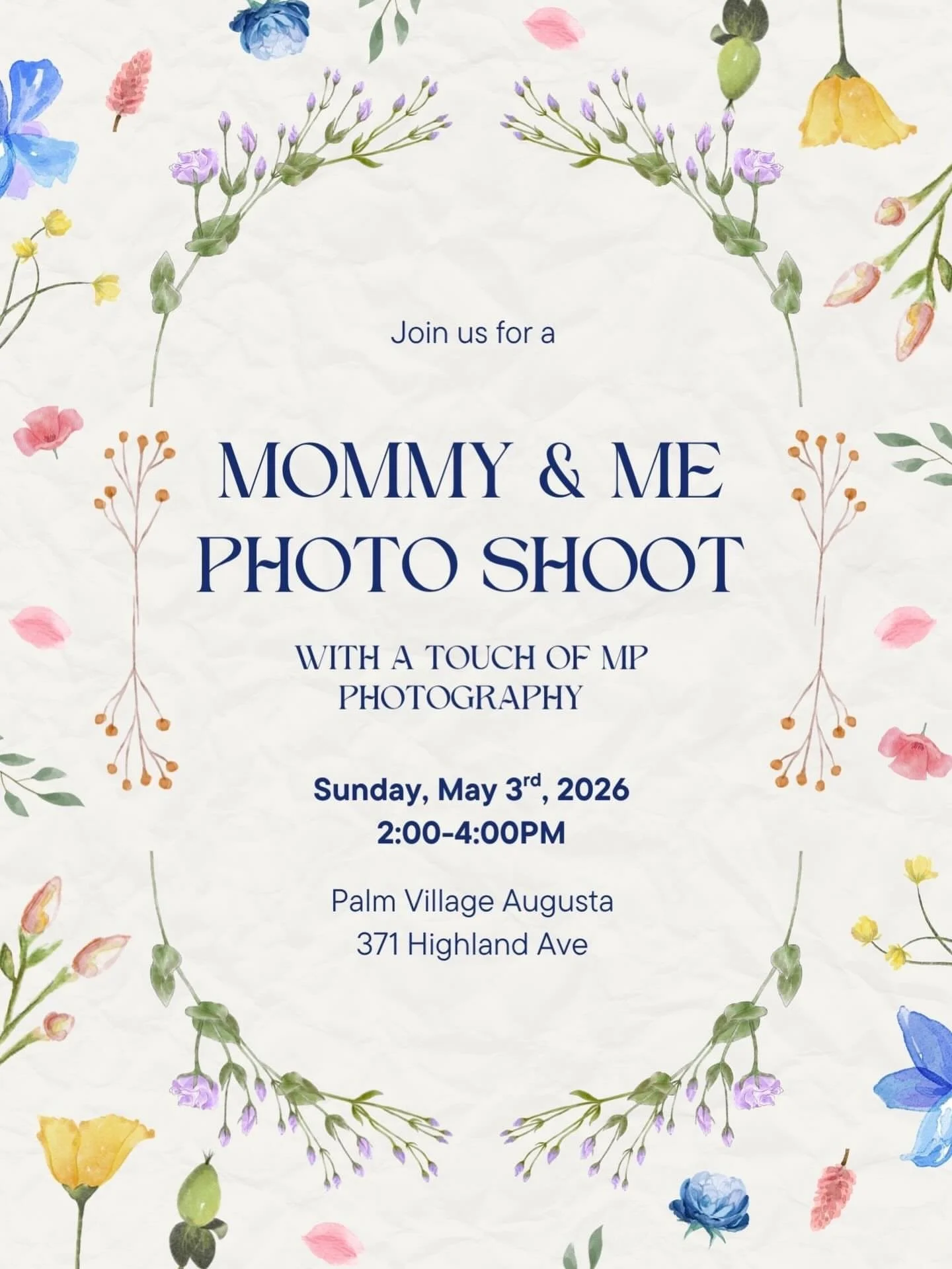 Slots are filling up! Don&rsquo;t miss out!

Mommy + Me Photo Shoot
Sunday May 3 🕑 2-4 PM
🌸 @palmvillageaugusta
Register via link in story 🔝 

Don your best dress for a sweet Mommy &amp; Me photo session with @a.touch.of.mp 

Slots are extremely l