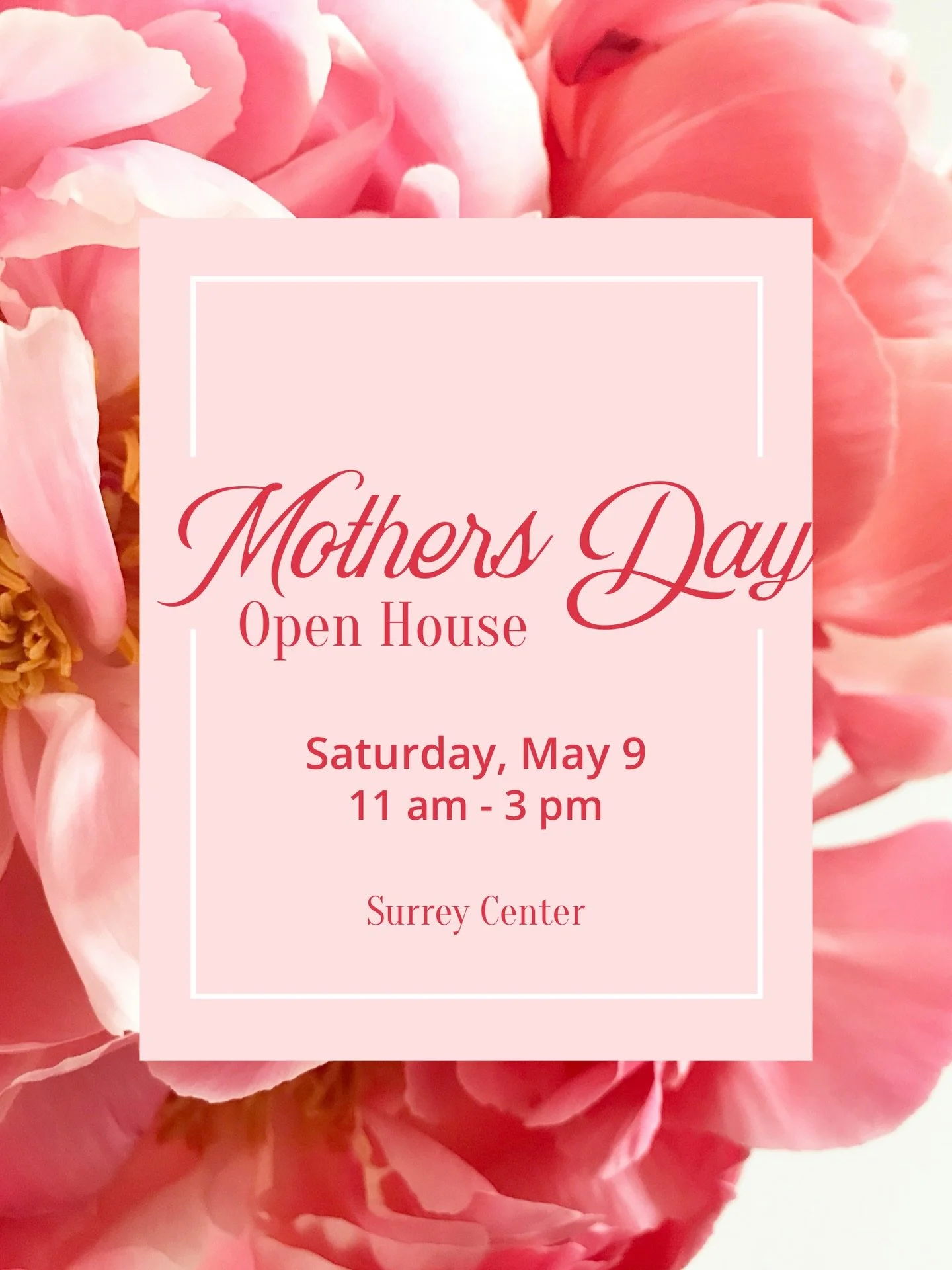 🌸 Mother&rsquo;s Day Open House 🌸
Saturday &bull; May 9 &bull; 11 am - 3 pm 

Join us in celebrating MOMS this Saturday at the Surrey Center Mother&rsquo;s Day Open House! 

🌸 Participating businesses in the center are offering discounts &bull; dr
