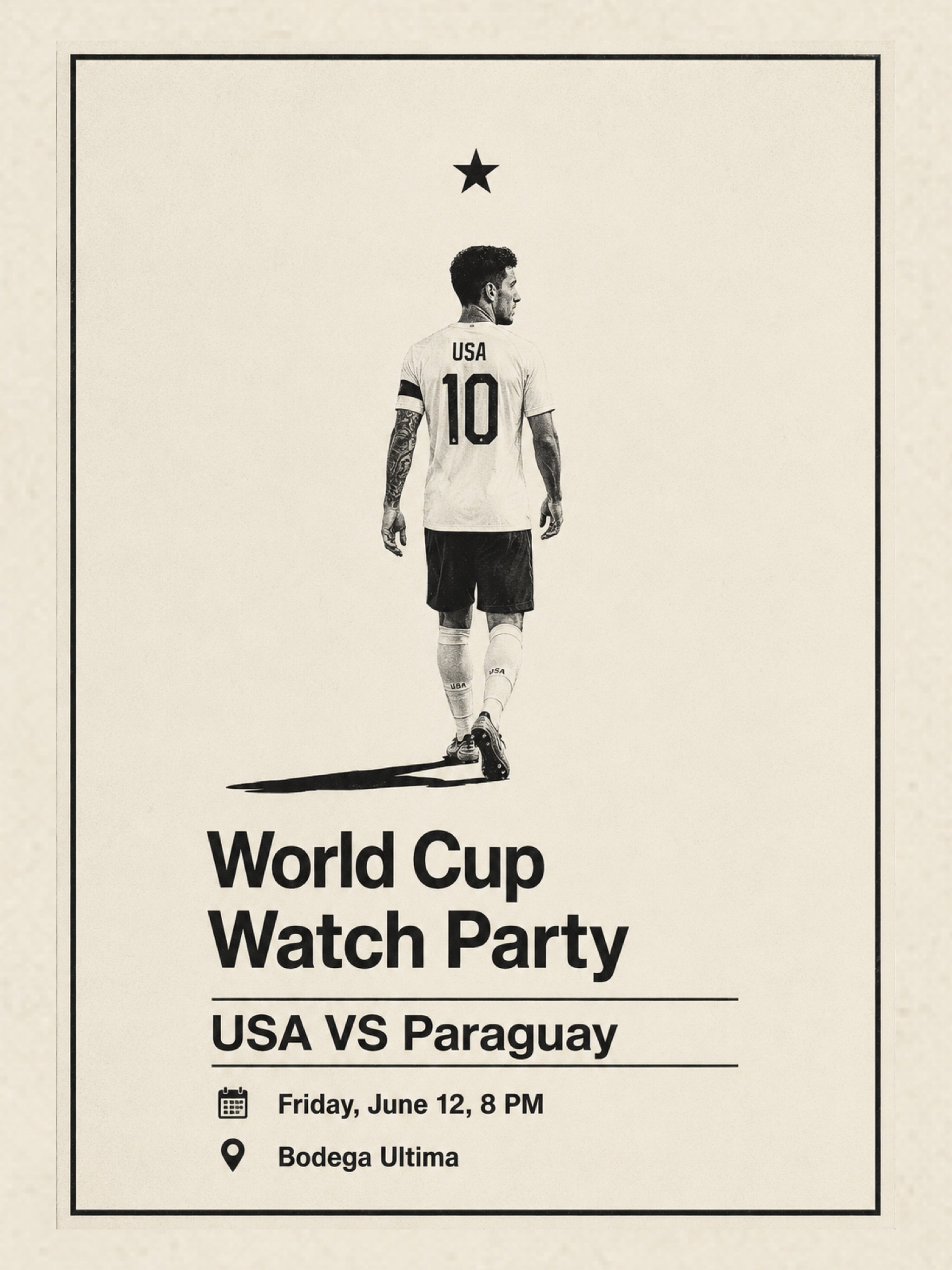 Come to the Bodega Ultima World Cup Watch Party + YOU could win 2 tickets to a match in ATL!

Cheer on team USA for the their first World Cup match USA 🇺🇸 VS Paraguay 🇵🇾 
 🗓️ Friday, June 12, 8 PM (GAME STARTS AT 9)

For just $10 = a drink + a B