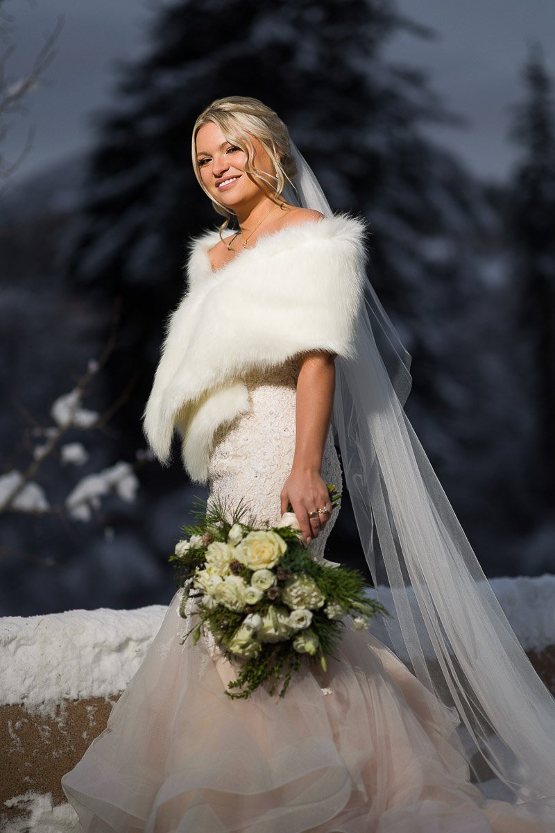 A bride stands outdoors in a snow-dusted landscape, wearing a white fur shawl and veil, holding a bouquet of white roses. She smiles warmly.