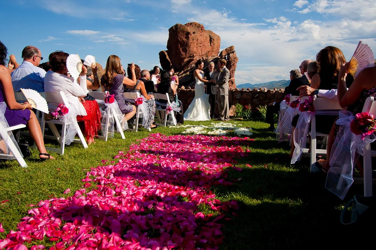 Outdoor wedding scene amidst scenic rocky landscape; bride and groom stand at altar. Guests seated on either side, vibrant pink petal aisle, sunny ambiance.