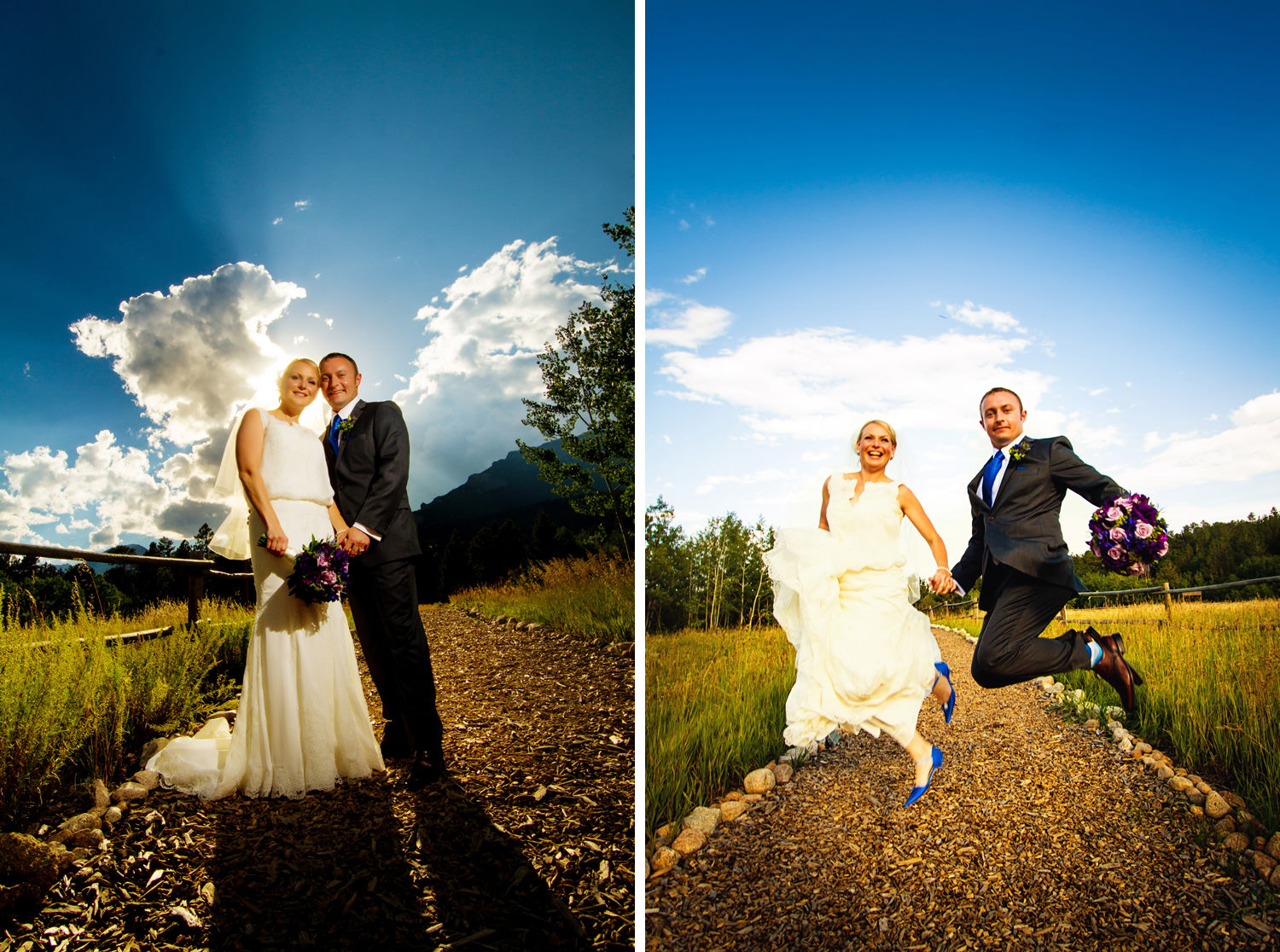 bride and groom jump for joy, captured by wild basin wedding photographer, tomKphoto