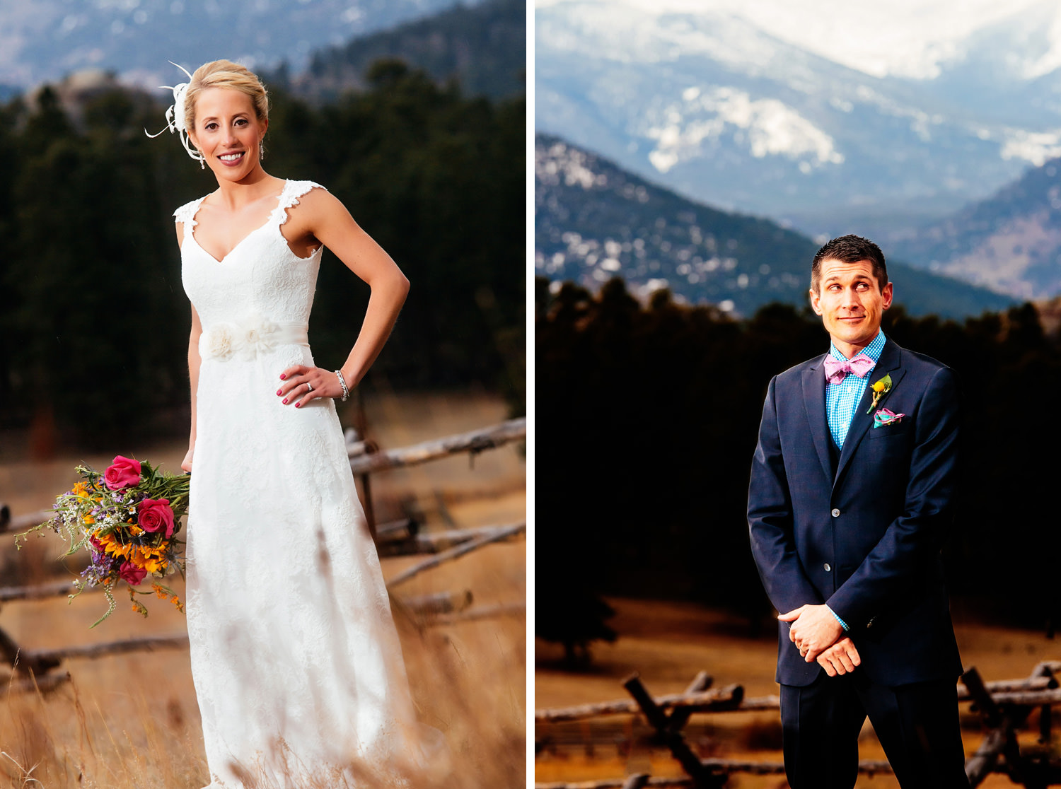 bride and groom have fun for portraits during a twin owls steakhouse wedding in estes park, colorado