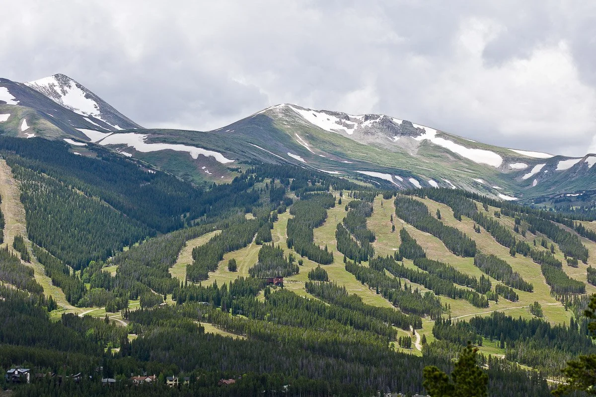 Snow-dusted mountains overlook a green, pine-covered landscape under a cloudy sky. Ski runs create patterns, adding a serene, natural harmony.