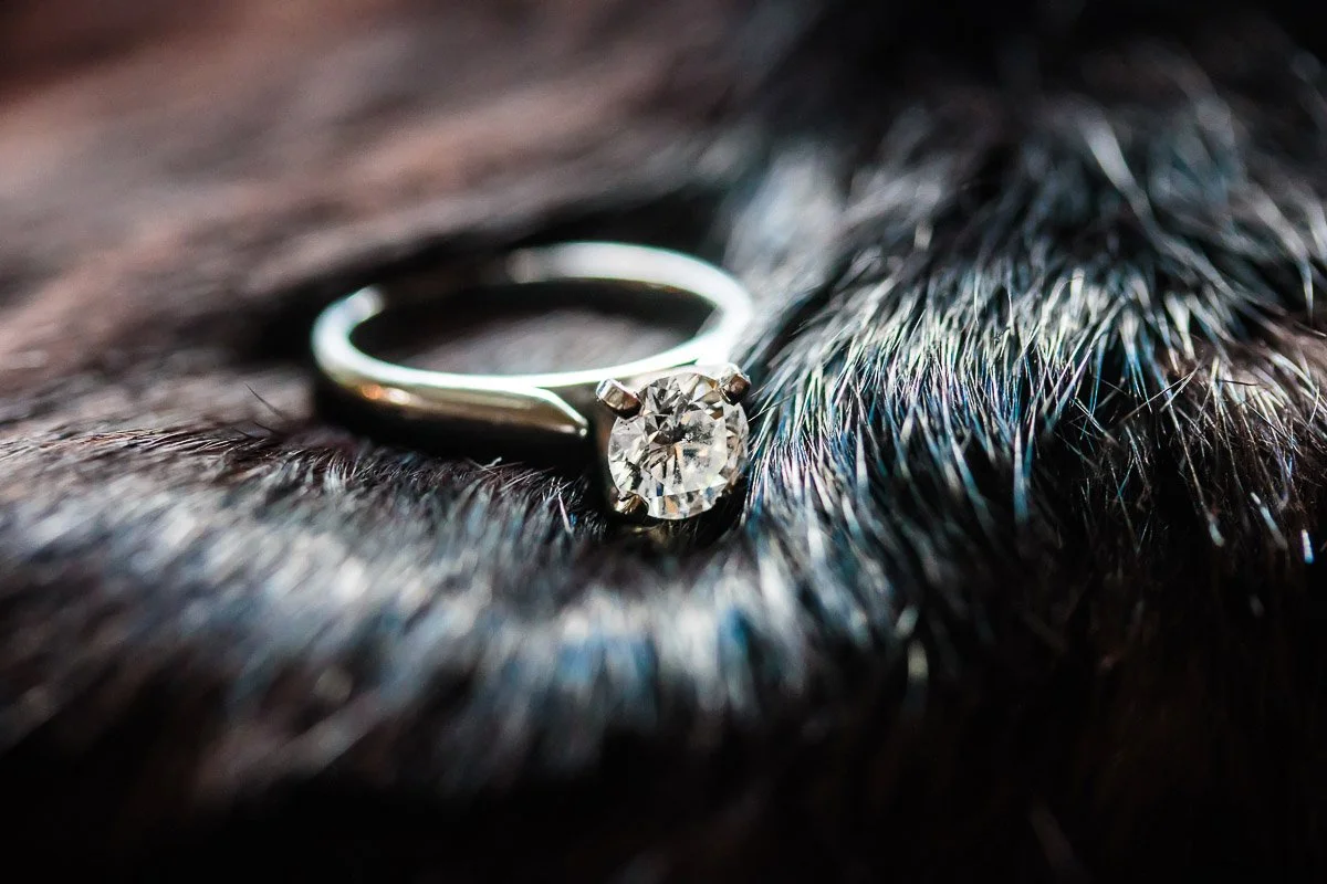 A silver engagement ring with a sparkling round-cut diamond rests on soft, dark fur, creating an elegant and luxurious atmosphere.