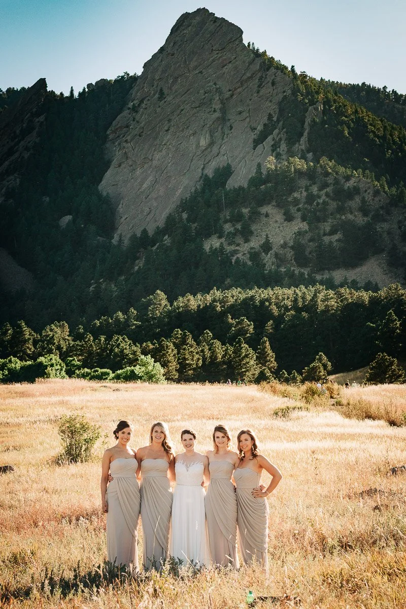 A bride in a white dress stands with four bridesmaids in matching light gowns in a sunlit field, with a large mountain and forest in the background.