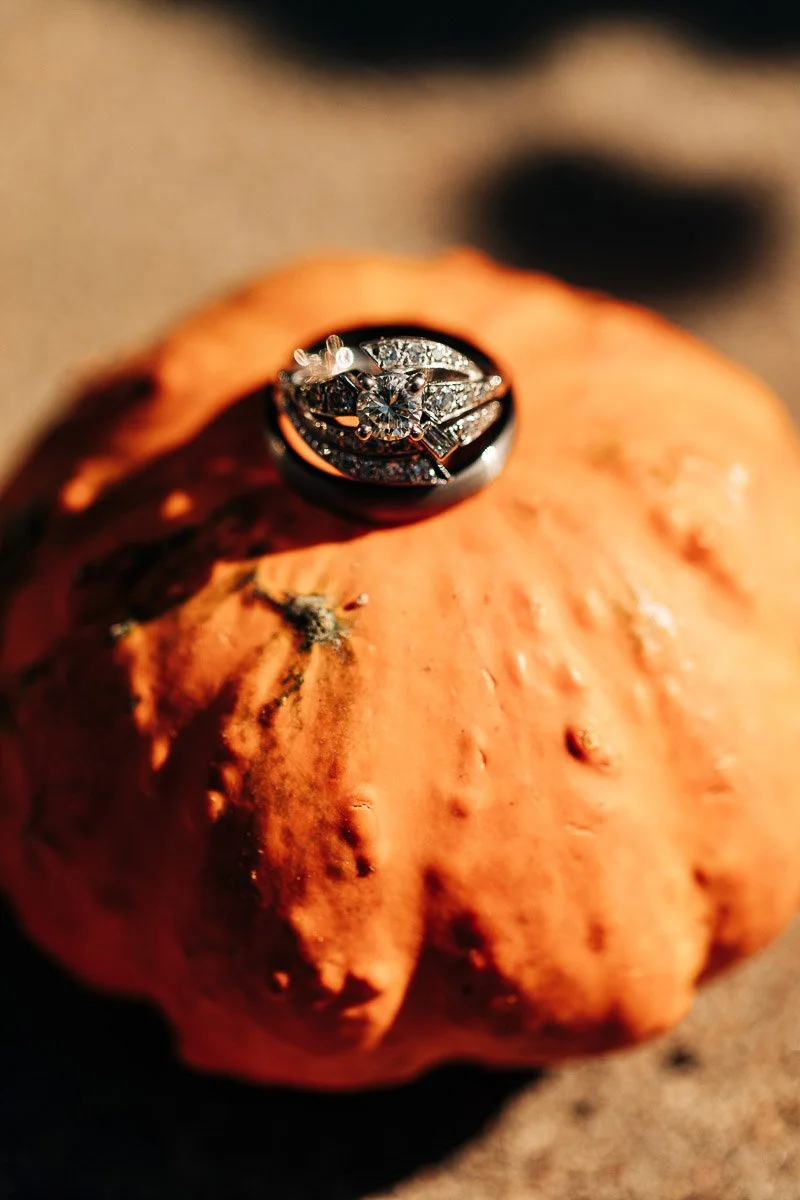 A silver engagement ring with diamonds sits atop an orange pumpkin, casting soft shadows. The scene conveys warmth and autumnal charm.