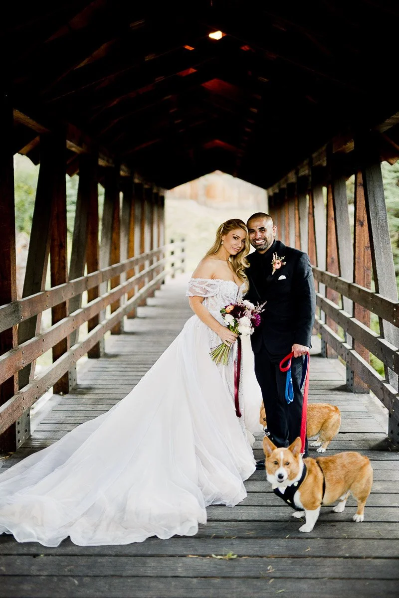 A couple in wedding attire stands on a wooden bridge, smiling warmly. The bride holds a bouquet, and two Corgis on leashes accompany them.