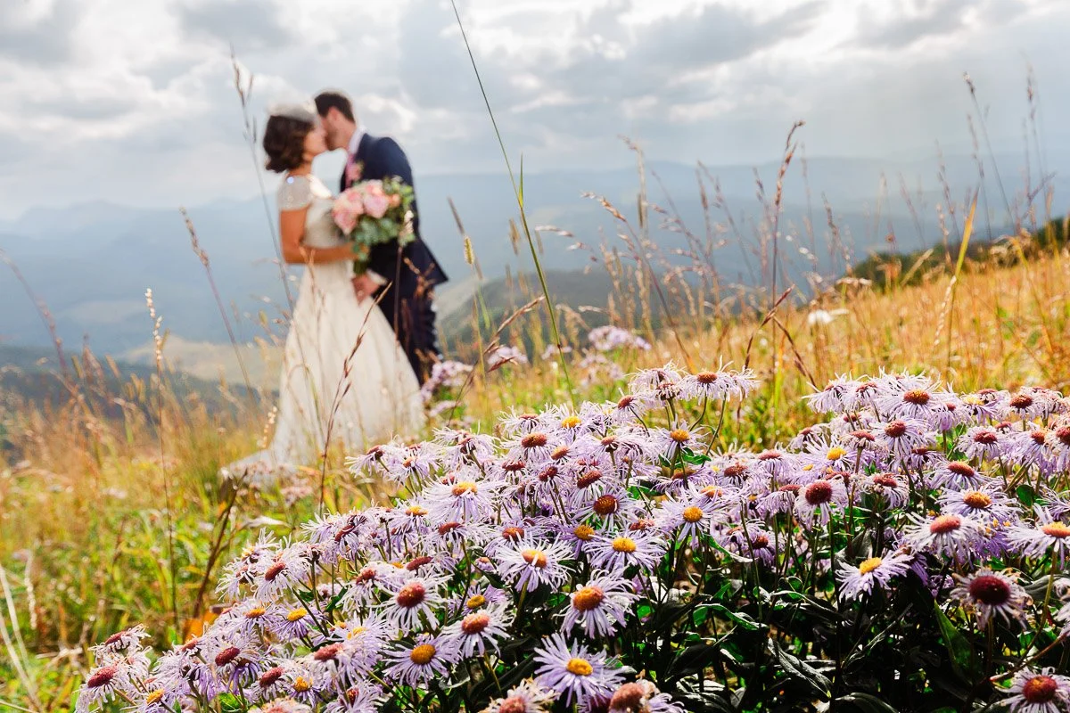 A couple embraces in a sunny mountain meadow, surrounded by purple wildflowers. The scene is romantic and serene, with a soft, dreamy atmosphere.