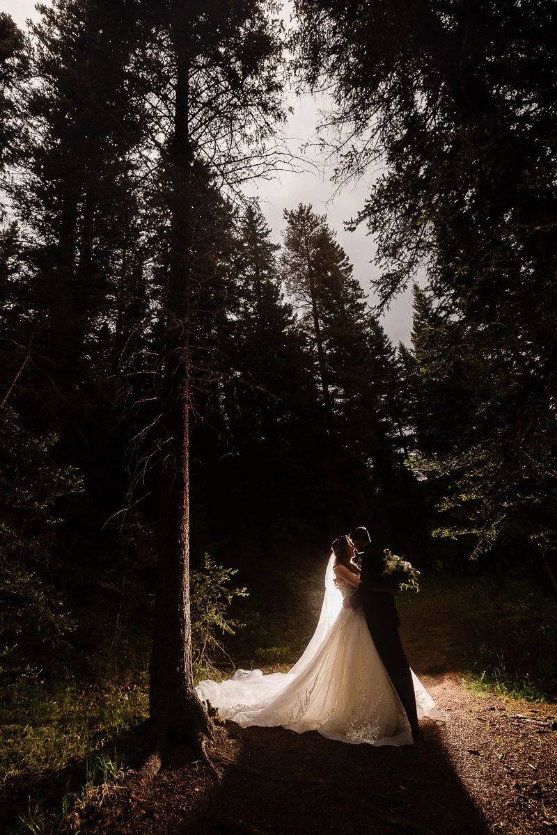 Silhouetted bride and groom embrace under tall trees in a sunlit forest. Her dress and veil flow gracefully, creating a romantic, serene atmosphere.