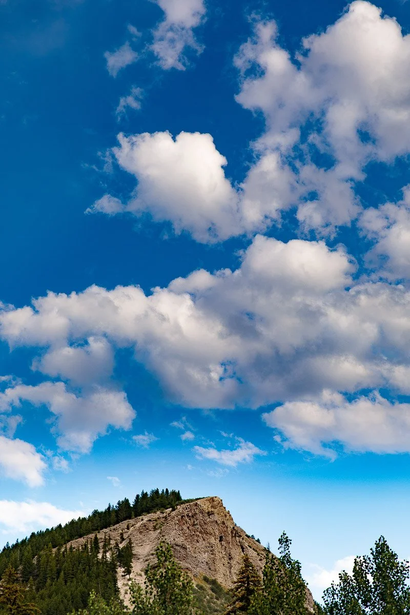 Blue sky with fluffy white clouds over a forested hillside. The scene conveys a sense of tranquility and natural beauty, with trees in the foreground.