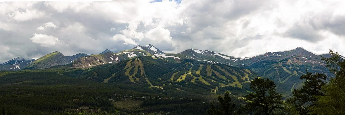 Panoramic view of snow-capped mountains with ski trails, under a cloudy sky. Lush green forest in the foreground conveys a serene, majestic landscape.