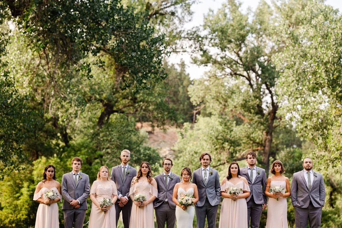 A wedding party poses outdoors against lush green trees. Bridesmaids wear soft pink dresses, groomsmen in gray suits, everyone holding small bouquets.