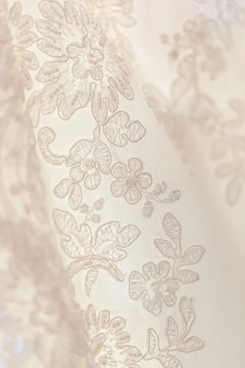 Delicate beige lace fabric with intricate floral embroidery, conveying an elegant and romantic feel. Soft light enhances the intricate design.
