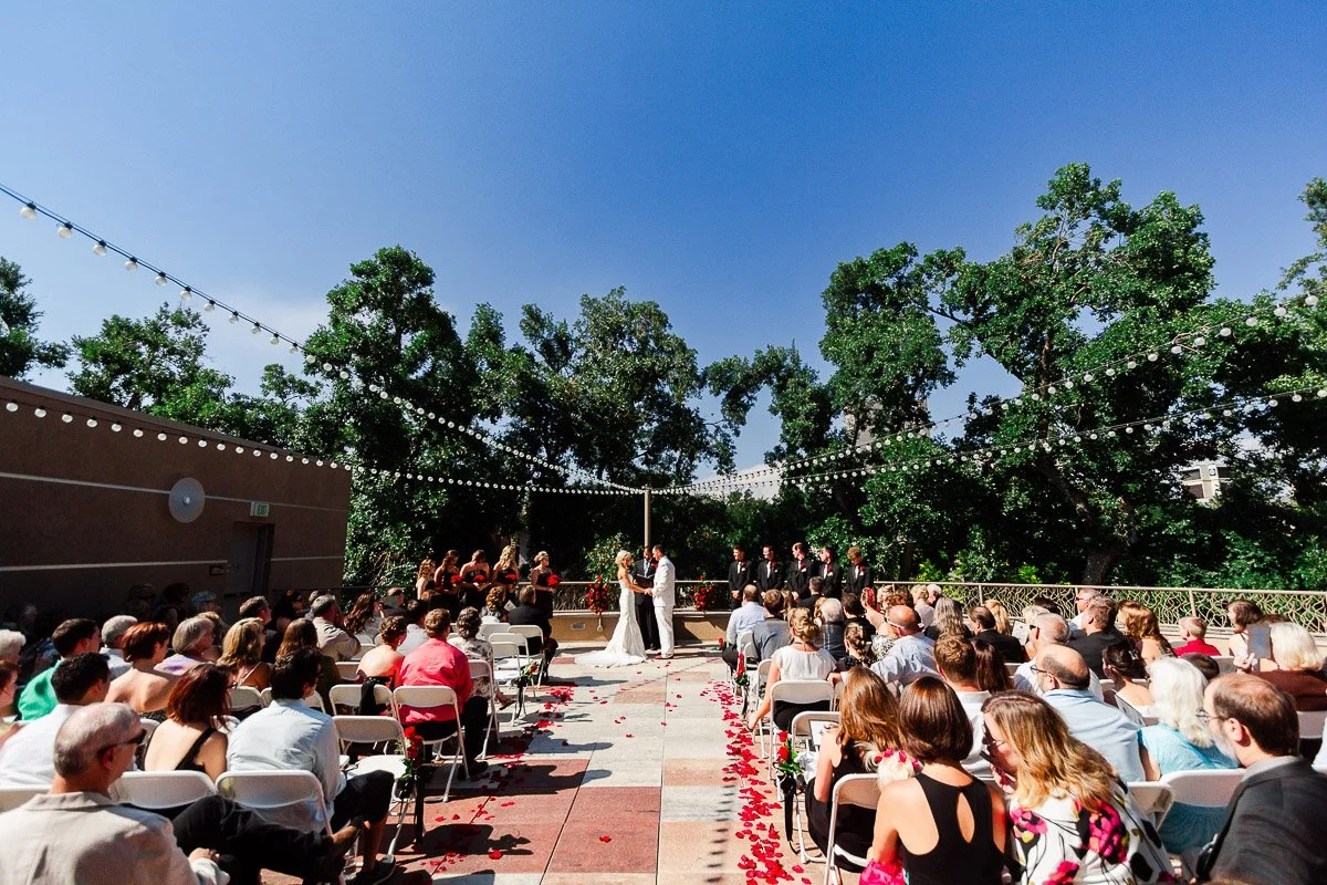 Outdoor Lincoln Center wedding with a couple standing under string lights, surrounded by guests seated on either side. Rose petals line the aisle, trees in the background, clear blue sky captured by tomKphoto.