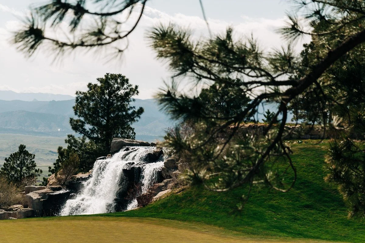 A serene landscape with a waterfall cascading over rocks, surrounded by lush greenery and pine trees. Mountains and a cloudy sky are visible in the background.